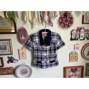 90's vintage Brioche plaid white & navy preppy tailored short sleeve blazer